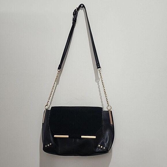 Handbags - Sole Society Black Crossbody Bag Faux Leather Suede Flap Gold Chain